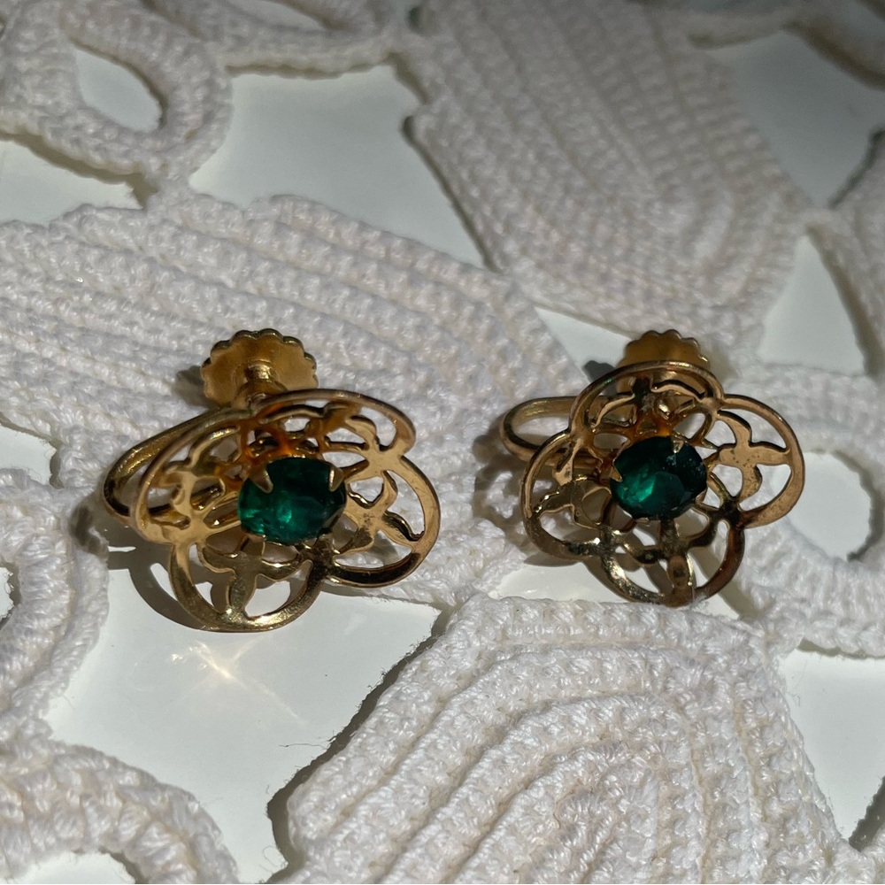 Vintage Gold and Green Floral Earrings